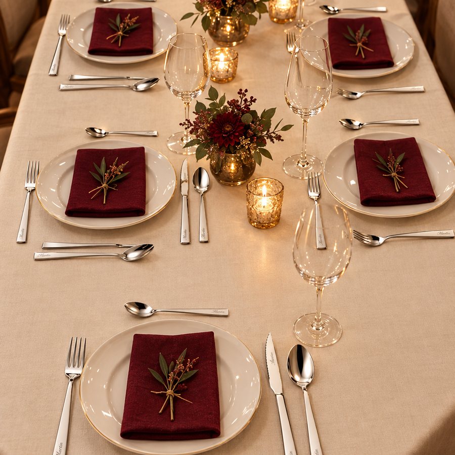 Table de réception dressée avec des couverts gravés